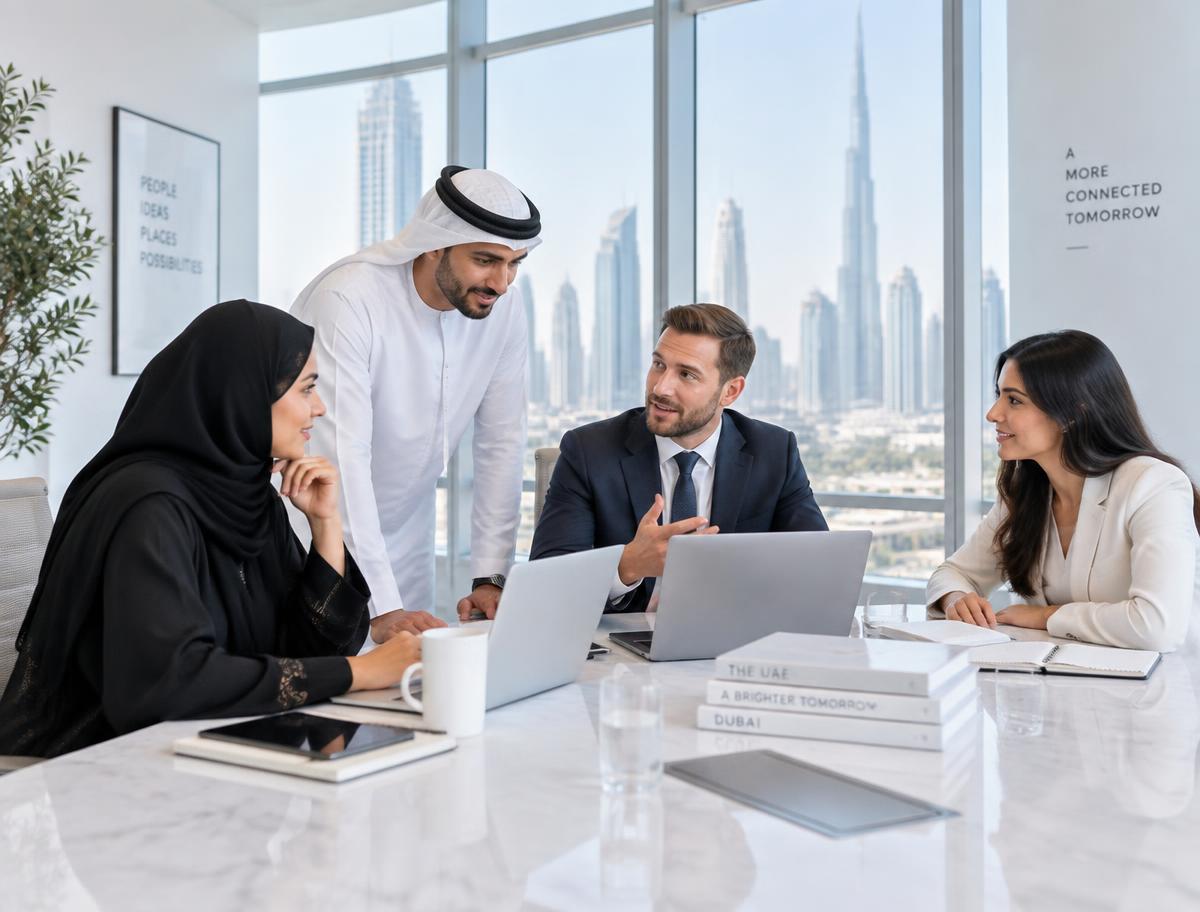 Professionals meeting in a modern UAE office